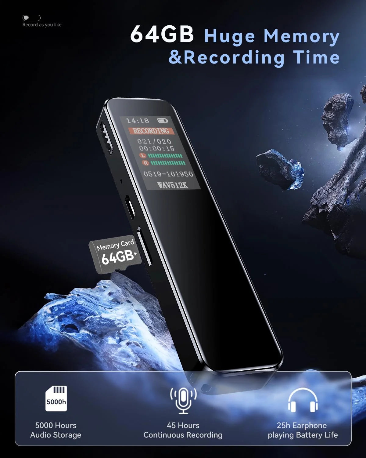 64GB Digital Voice Activated Recorder 60 Hours Audio Recording with Playback for Lectures MP3 Player, Password,Meetings USB Rechargeable Dictaphone Small Tape Portable Recorder Device