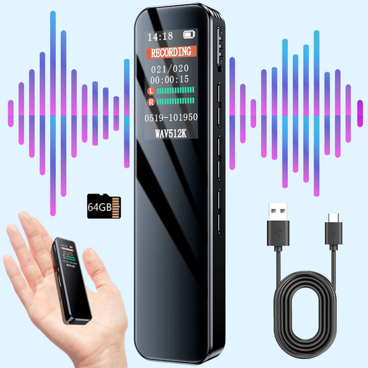64GB Digital Voice Activated Recorder 60 Hours Audio Recording with Playback for Lectures MP3 Player, Password,Meetings USB Rechargeable Dictaphone Small Tape Portable Recorder Device