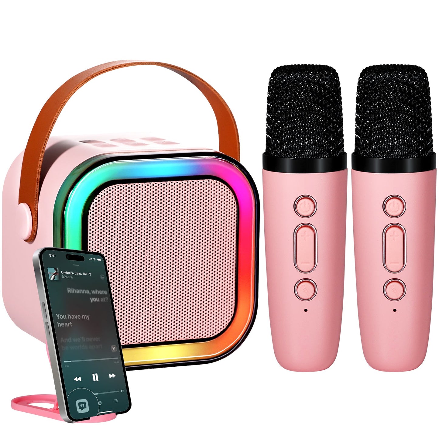 Risebass Mini Karaoke Machine for Kids Adults, Portable Bluetooth Speaker with 2 Wireless Microphones, Toys Birthday Gifts for Girls Years Old Toddler Teens.-0