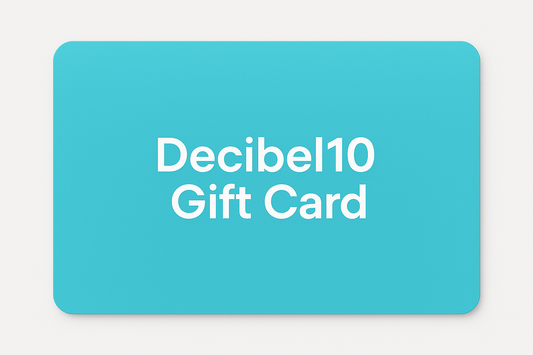 a blank gift card that says Decibel10 Gift Card in the middle and the card is cyan colored