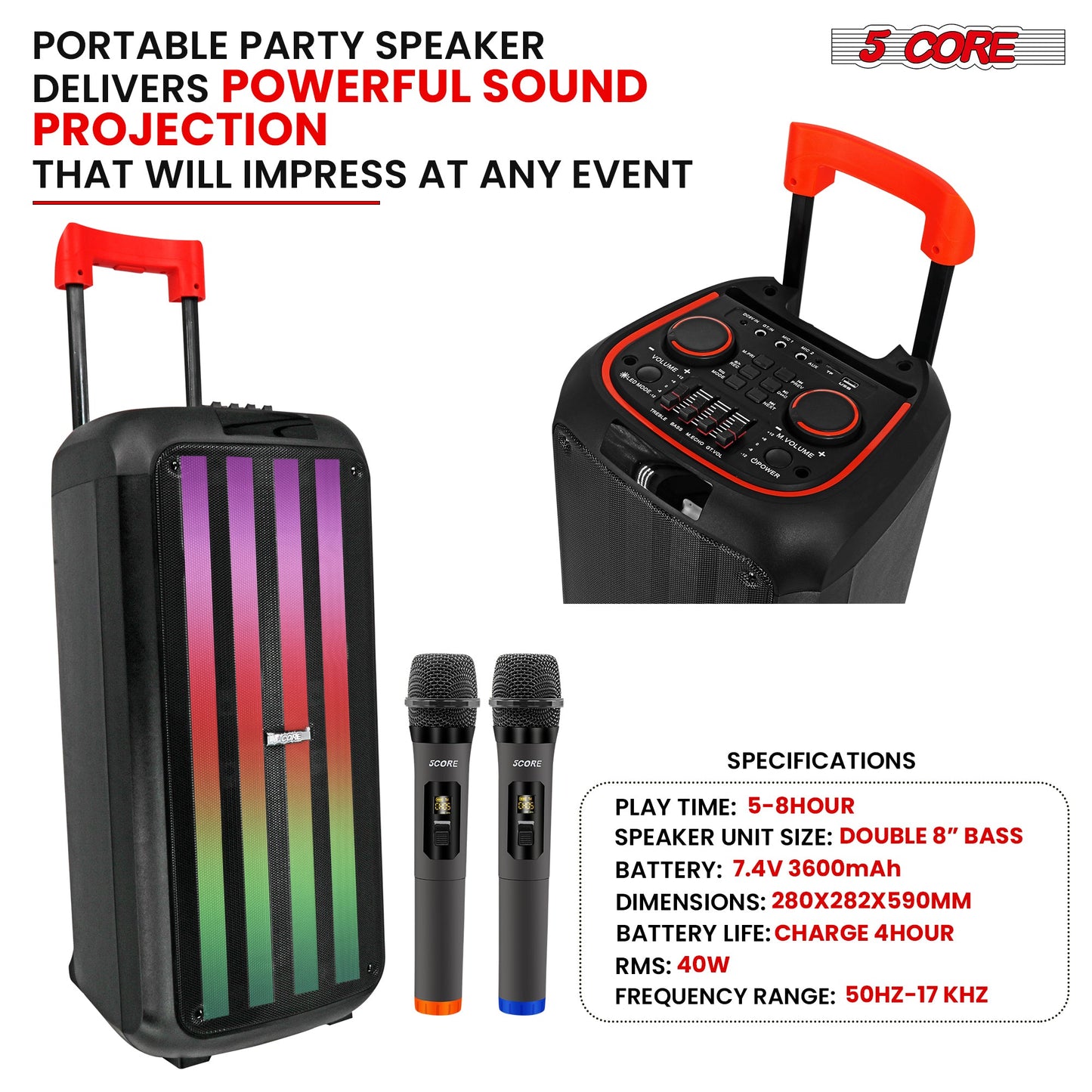 5Core Bluetooth Party Speaker 8 inch PA RGB Partybox Karaoke Machine