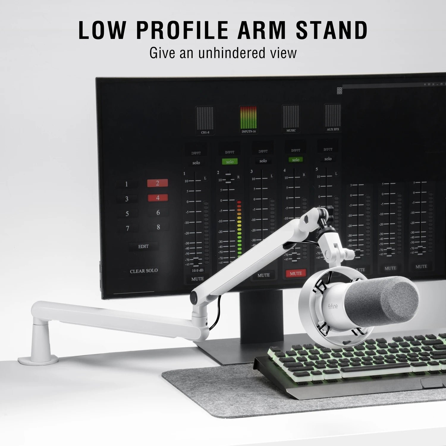 Microphone Boom Arm, Adjustable Low Profile Mic Arm with Desk Mount Clamp,Cable Storage for Streaming Gaming-White BM88W