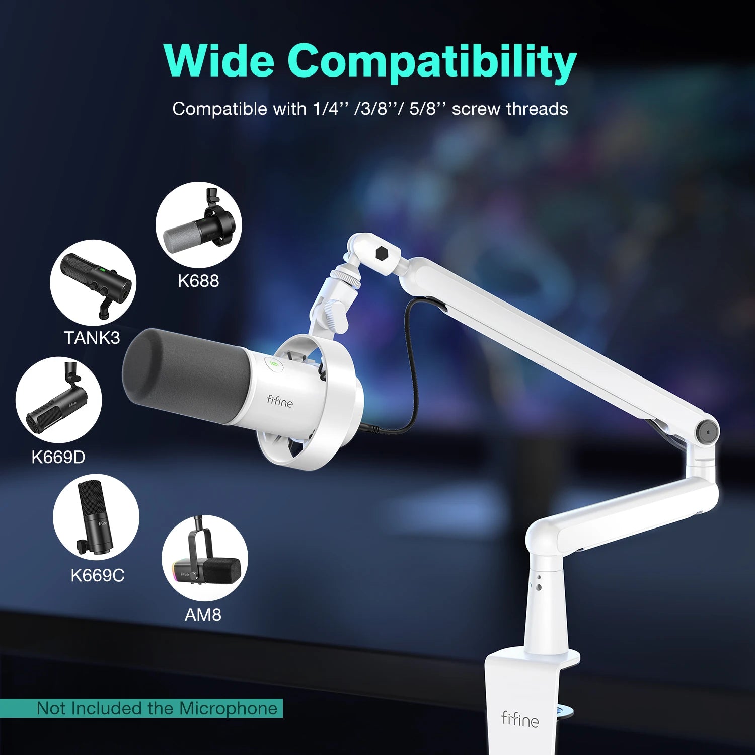 Microphone Boom Arm, Adjustable Low Profile Mic Arm with Desk Mount Clamp,Cable Storage for Streaming Gaming-White BM88W