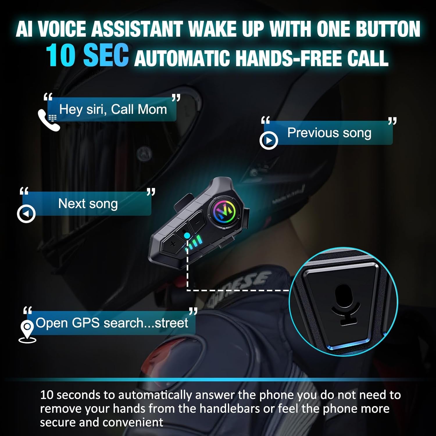 Motorcycle Helmet Headset - Super Long Battery Life, Helmet Headphones Single Use Headset with Soft/Hard Mic,Ipx6 Automatic Answer/Music Control/Intelligent Noise/Wake up Siri