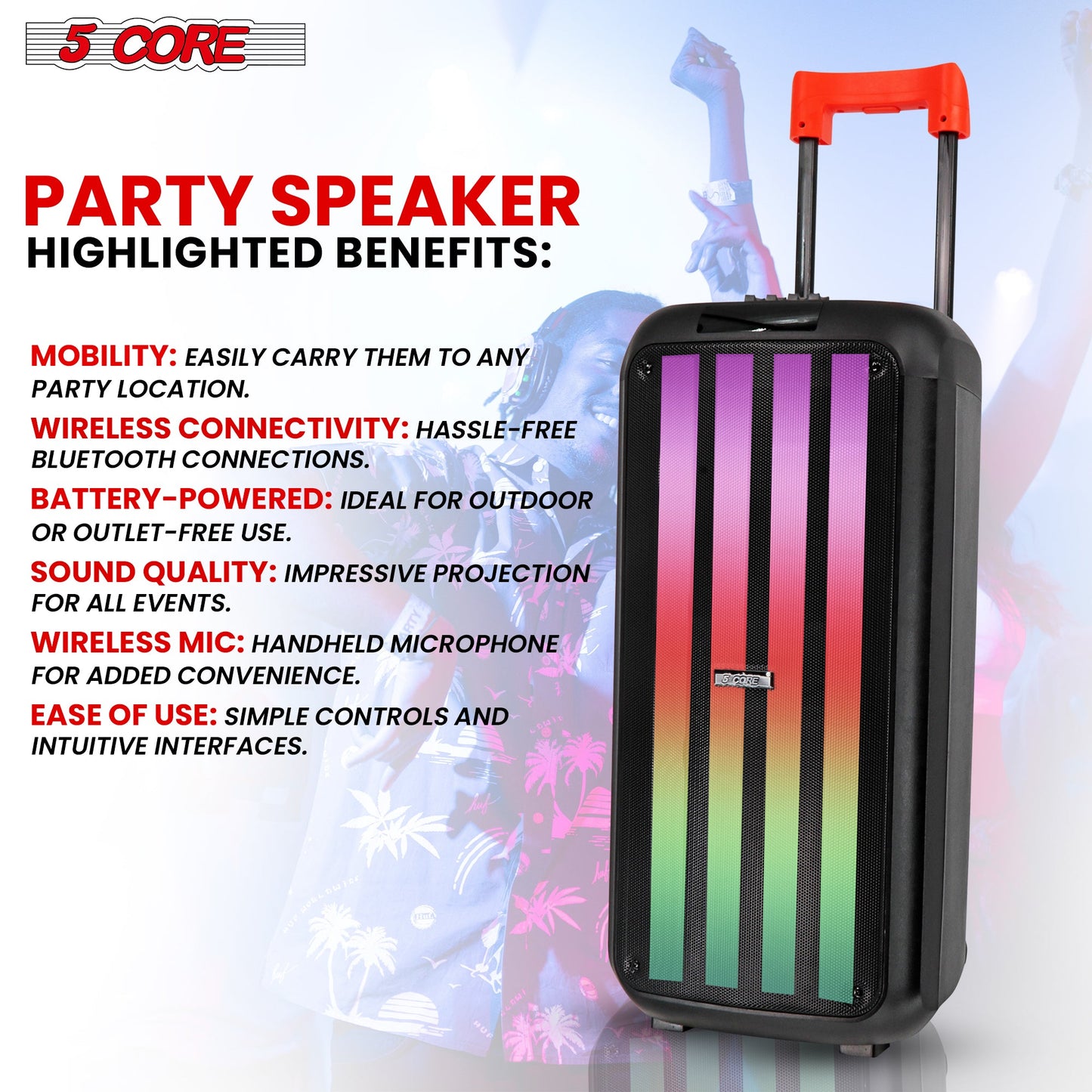 5Core Bluetooth Party Speaker 8 inch PA RGB Partybox Karaoke Machine